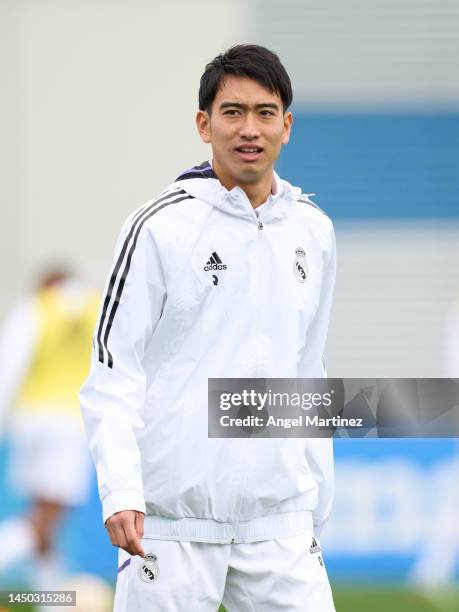 Takuhiro Nakai of Real Madrid Castilla warms up prior to the Primera RFEF Group 1 match between CF Fuenlabrada and Real Madrid Castilla at Estadio...