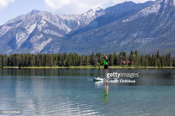 woman paddleboarding on edith lake, jasper national park, alberta - jasper stock pictures, royalty-free photos & images