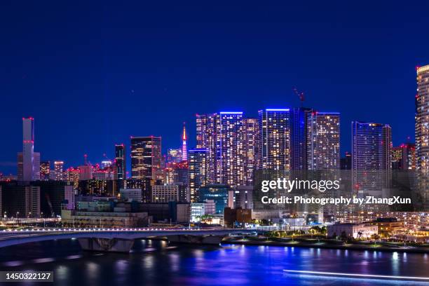 tokyo night aerial view of shin tokyosu  aera, japan. - toyosu stock pictures, royalty-free photos & images