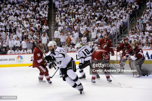 Dustin Penner of the Los Angeles Kings reacts to his game winning goal against the Phoenix Coyotes in Game Five of the Western Conference Finals...