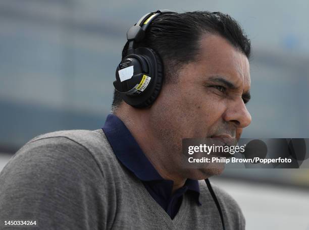 Waqar Younis on air with Test Match Special during the third day of the third Test between Pakistan and England at Karachi National Stadium on...