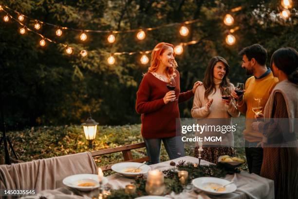 what a great evening party - backyard party stock pictures, royalty-free photos & images