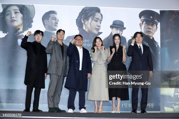 South Korean actors Seo Hyun-Woo, Park Hae-Soo, Park So-Dam, Lee Ha-Nee, Seol Kyung-Gu and director Lee Hae-Young attend the 'Phantom' Press...