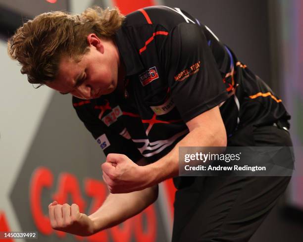 Danny Jansen of The Netherlands in action on Day Five of the Cazoo World Darts Championship at Alexandra Palace on December 19, 2022 in London,...