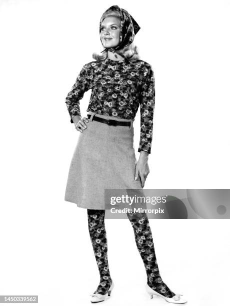 Reveille fashions 1965: Maureen Walker wearing floral pattern bodysuit under a skirt with matching headscarf. November 1965.