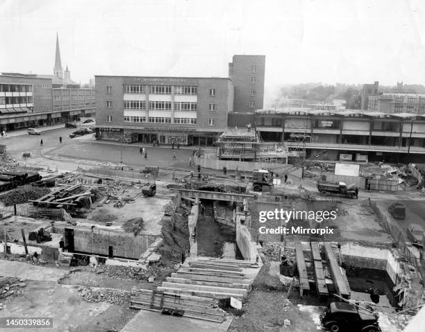 This photo of Coventry Precinct shows the Woolworth Building and work progressing on the Lower Precinct in the foreground. 1st September 1958.