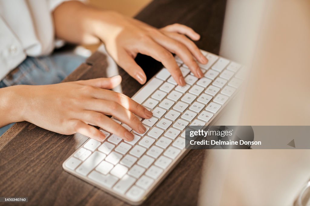 Woman hands, keyboard typing and online market research, email or writer at desk or table in home office. Business editing, digital marketing and professional editor for website copywriting and blog