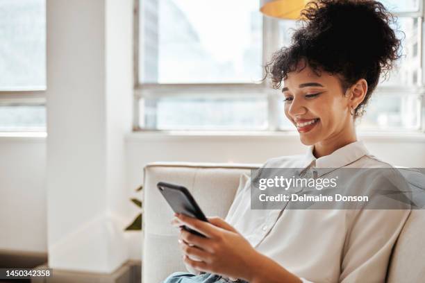 phone, relax and woman on social media for happy online content or internet entertainment on house sofa. smile, digital or young girl enjoys texting, chat or typing a post while reading global news - subscription stock pictures, royalty-free photos & images