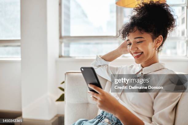 smartphone, sofa and happy black woman or student with email feedback for online course results, website information search or social media post. smile, youth and gen z girl using phone on home couch - z com stock pictures, royalty-free photos & images