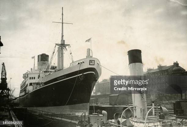 The ship Ceramic pictured in the Govan dry dock. April 1952.