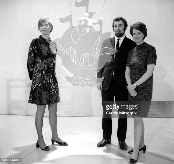 Biddy Baxter editor of BBC's Blue Peter, the Children's TV Programme Pictured with producers Edward Barnes and Rosemary Gill .
