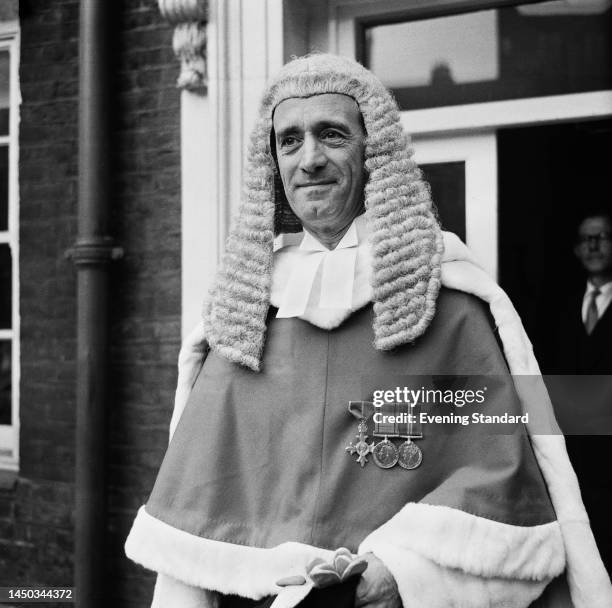 British judge Alan Mocatta wearing his judge's wig and robe on October 10th, 1961.