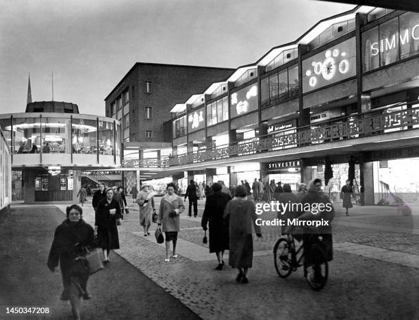 The Lower Precinct in Coventry city centre. 8th December 1959.