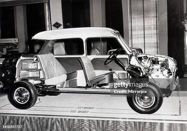 Cut away view showing the interior of the new Austin Seven car on display at a motor show in Birmingham. 24th August 1959.