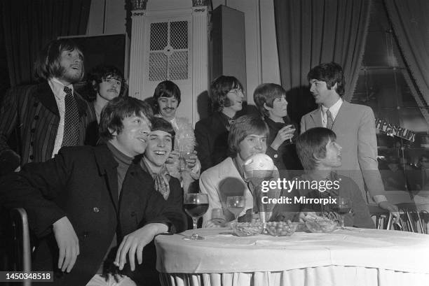 John Lennon, Ringo Starr and Paul McCartney with Cilla Black, Rolling Stone Brian Jones and Donovan next to him. With the Apple managed band...