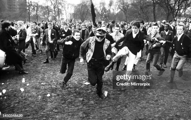 Mods and rockers clash at pop concert in London. April 1970.