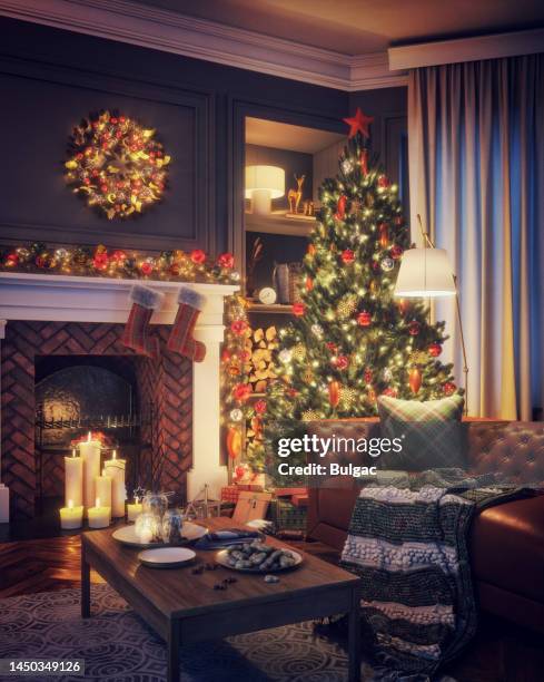 lovely christmas interior (vintage) - vintage stockings stock pictures, royalty-free photos & images