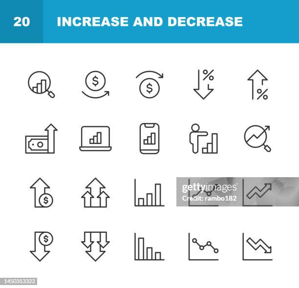 erhöhen und verkleinern von liniensymbolen. bearbeitbarer strich, enthält symbole wie pfeil, diagramm, diagramm, finanzen und wirtschaft, richtung, grafik, wachstum, zinssatz, investition, leistung, planung, freigabe, börsendaten, erfolg, verkehr. - profit loss icon stock-grafiken, -clipart, -cartoons und -symbole