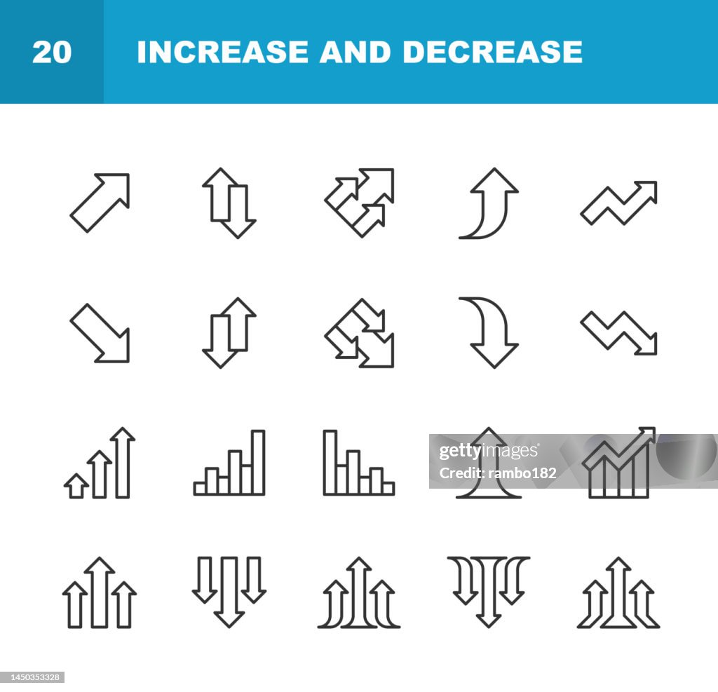 Increase and Decrease Line Icons. Editable Stroke, Contains such icons as Arrow, Chart, Diagram, Finance and Economy, Direction, Graph, Growth, Interest Rate, Investment, Performance, Planning, Sharing, Stock Market Data, Success, Traffic.