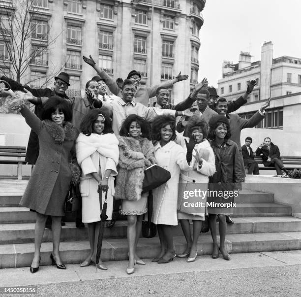 Diana Ross and The Supremes with The Temptations from the Motown company of Chicago on their arrival in London. 15th March 1965.