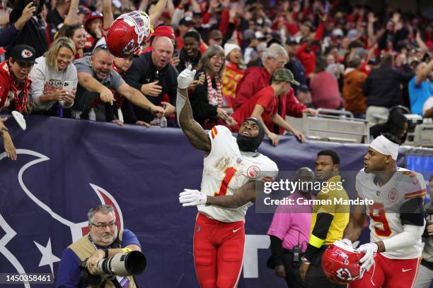 Jerick McKinnon of the Kansas City Chiefs celebrates during overtime against the Houston Texans at NRG Stadium on December 18, 2022 in Houston, Texas.