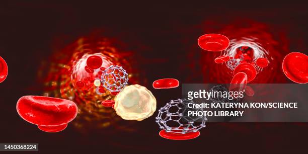 ilustraciones, imágenes clip art, dibujos animados e iconos de stock de fullerene nanoparticles in blood, illustration - fullereno