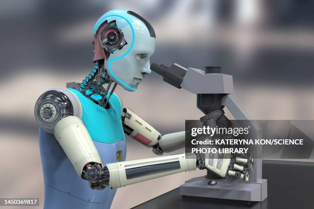 illustrazioni stock, clip art, cartoni animati e icone di tendenza di humanoid robot working with microscope, illustration - cyborg
