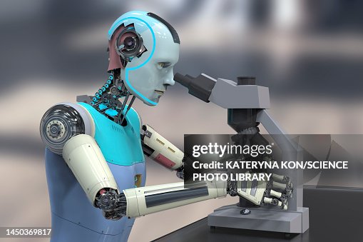 Humanoid robot working with microscope, illustration Humanoid robot working with microscope, illustration