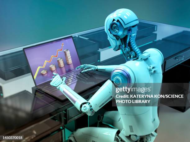 humanoid robot working with laptop, conceptual illustration - roboter stock-grafiken, -clipart, -cartoons und -symbole