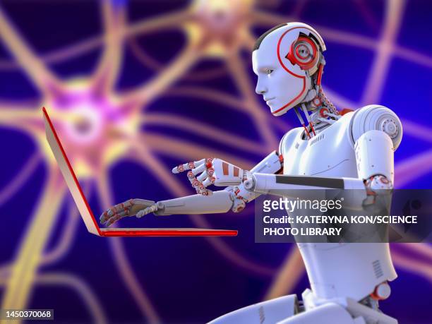 humanoid robot working with laptop, conceptual illustration - business stock illustrations