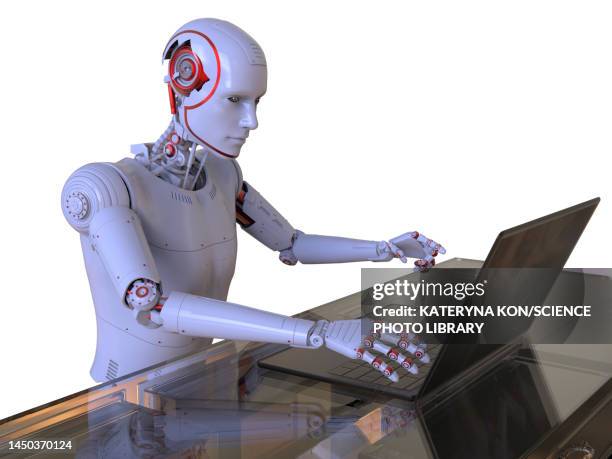 humanoid robot working with laptop, conceptual illustration - mining machinery stock illustrations