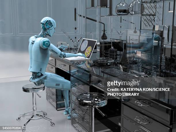 humanoid robot working with laptop, conceptual illustration - chemistry lab stock illustrations