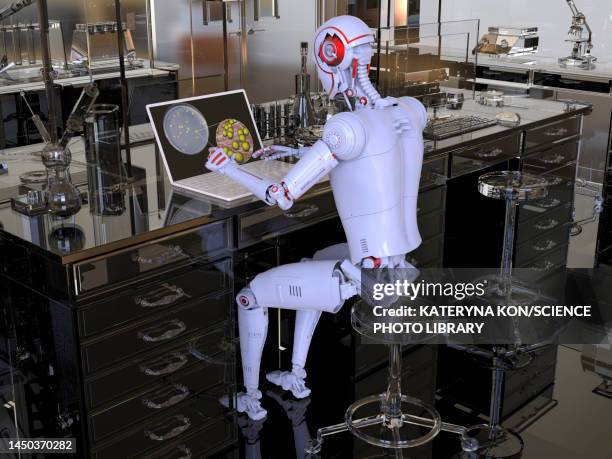 illustrations, cliparts, dessins animés et icônes de humanoid robot working with laptop, conceptual illustration - androïde