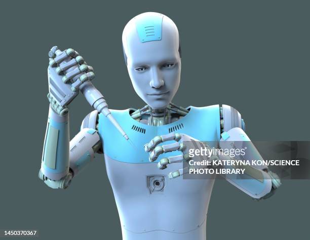 humanoid robot working in laboratory, conceptual illustration - pipette stock illustrations