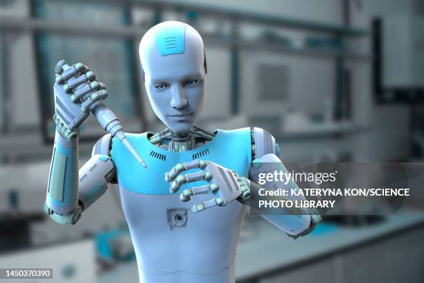 humanoid robot working in laboratory, conceptual illustration - fabric swatch stock-grafiken, -clipart, -cartoons und -symbole