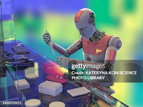 Humanoid Lab Word Sign Humanoid Robot Working In Laboratory Conceptual Illustration High-Res ...