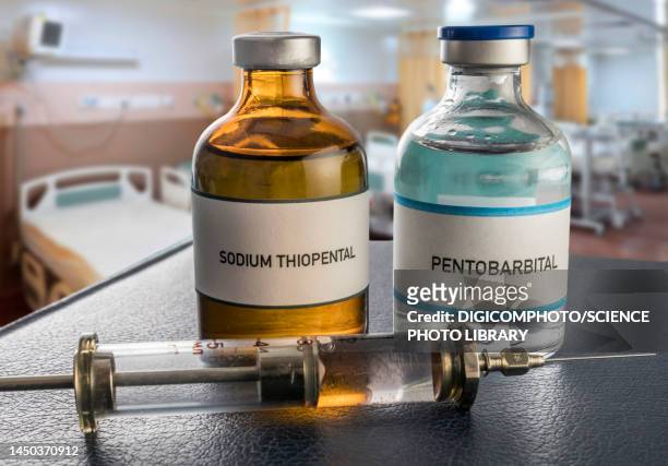 two vials of sodium thiopental anaesthesia and pentobarbital - sterbehilfe stock-fotos und bilder