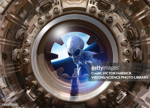 alien looking through the window of spaceship, illustration - victor habbick stock pictures, royalty-free photos & images