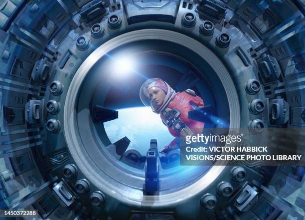 astronaut looking into the window of spaceship, illustration - astronaut imagens e fotografias de stock