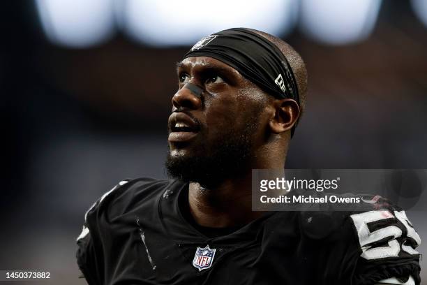 Chandler Jones of the Las Vegas Raiders looks on during an NFL football game between the Las Vegas Raiders and the New England Patriots at Allegiant...