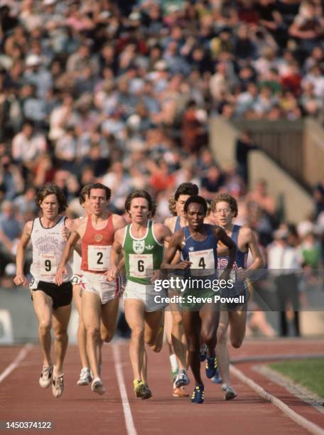 John Walker of New Zealand, #2 Steve Ovett of Great Britain, #6 Eamonn Coghlan of Ireland and and Filbert Bayi of Tanzania running in the Men's...