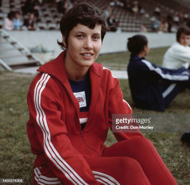 Portrait of Sheila Sherwood from Great Britain competing in the Women's Long Jump competition during the Women's Amateur Athletics Association...