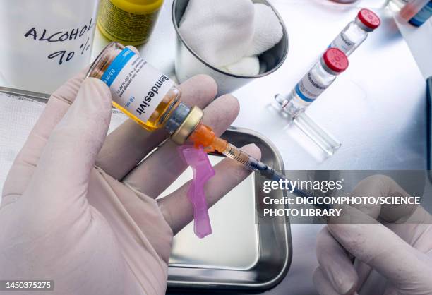 nurse preparing syringe with remdesivir, conceptual image - remdesivir stock pictures, royalty-free photos & images