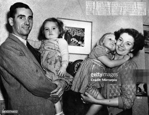 Newcastle centre forward Jackie Milburn with his wife Laura and daughters Linda and Betty . Significant picture on wall is of Jackie at 1951 Cup...
