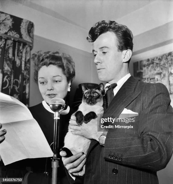 Author Billy Thatcher and Shelagh Fraser with T. V Siamese Cat Tai-Lu. January 1953.