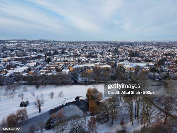 high angle view of townscape against sky during winter,luton,united kingdom,uk - bedfordshire stock pictures, royalty-free photos & images