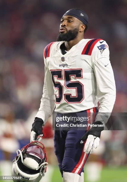 Linebacker Josh Uche of the New England Patriots during the NFL game at State Farm Stadium on December 12, 2022 in Glendale, Arizona. The Patriots...