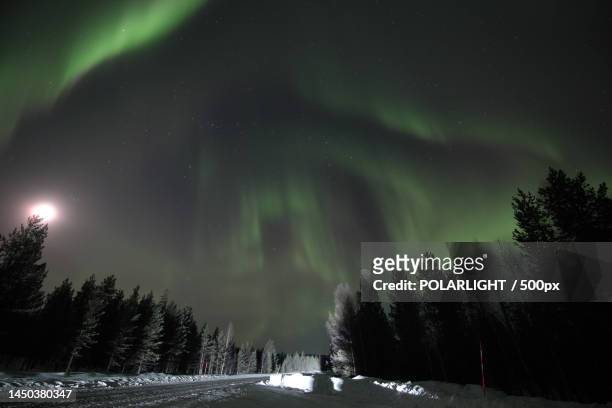 scenic view of snow covered landscape against sky at night,inari,finland - inari finland bildbanksfoton och bilder