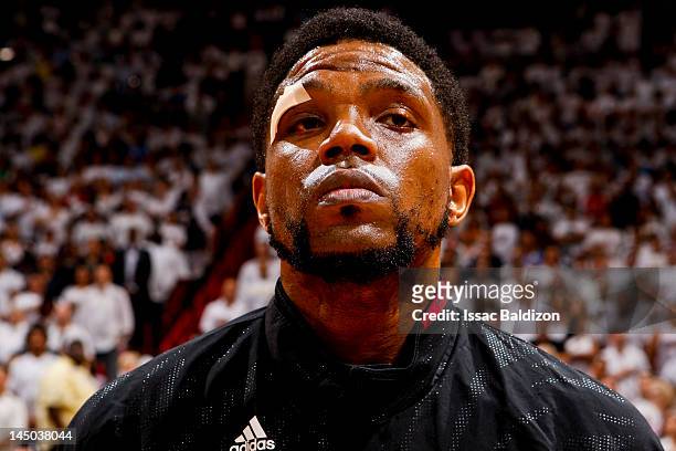 Udonis Haslem of the Miami Heat looks on before facing the Indiana Pacers in Game Five of the Eastern Conference Semifinals during the 2012 NBA...