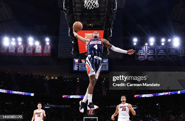 Jalen Green of the Houston Rockets dunks the ball against the Miami Heat during the second half at Toyota Center on December 15, 2022 in Houston,...